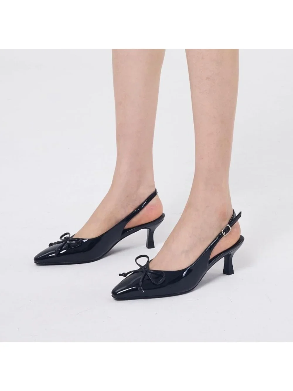 Women Black With Bowknot Slingback Pump Pointed Closed Toe Low Kitten Heel Shoes